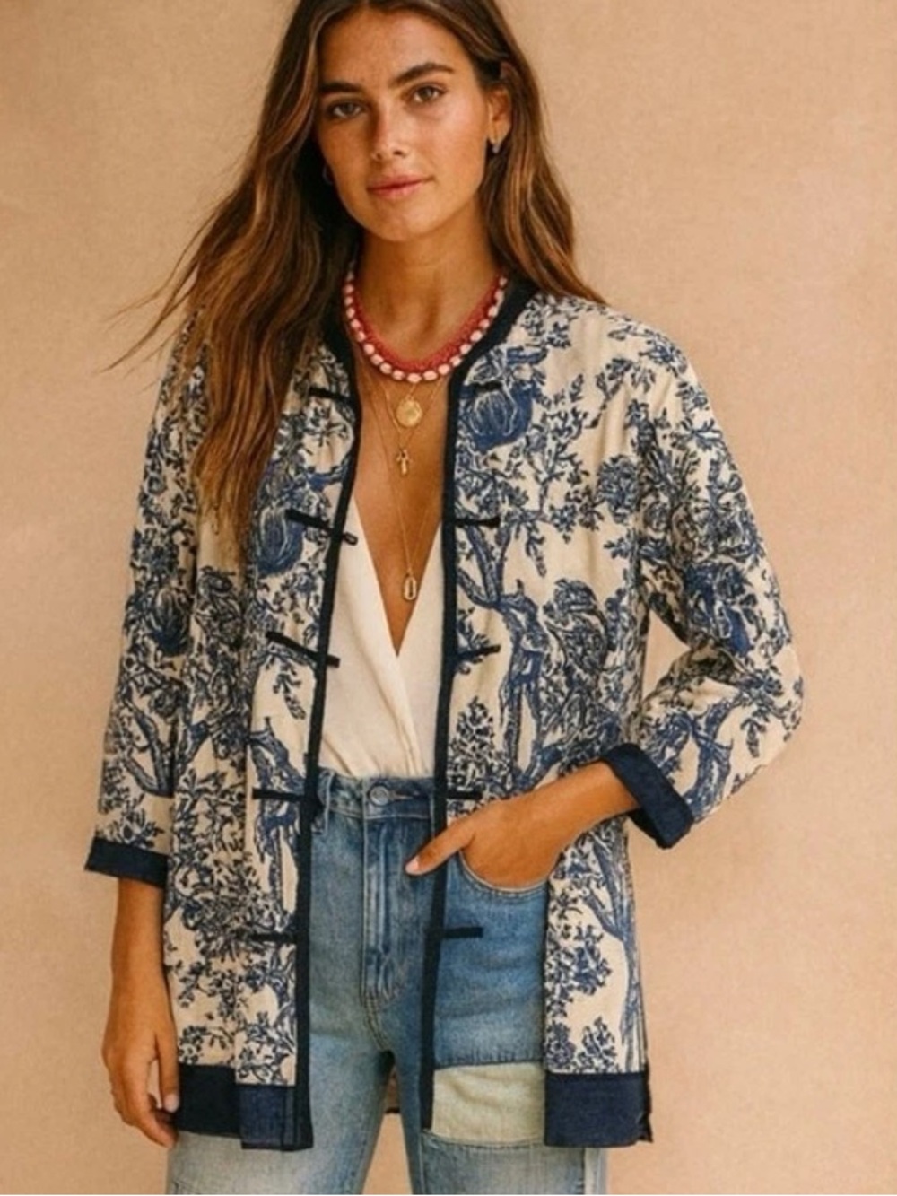 Soft Surroundings Linen Blend Asian Empress Floral Jacket Sz M Mandarin Collar